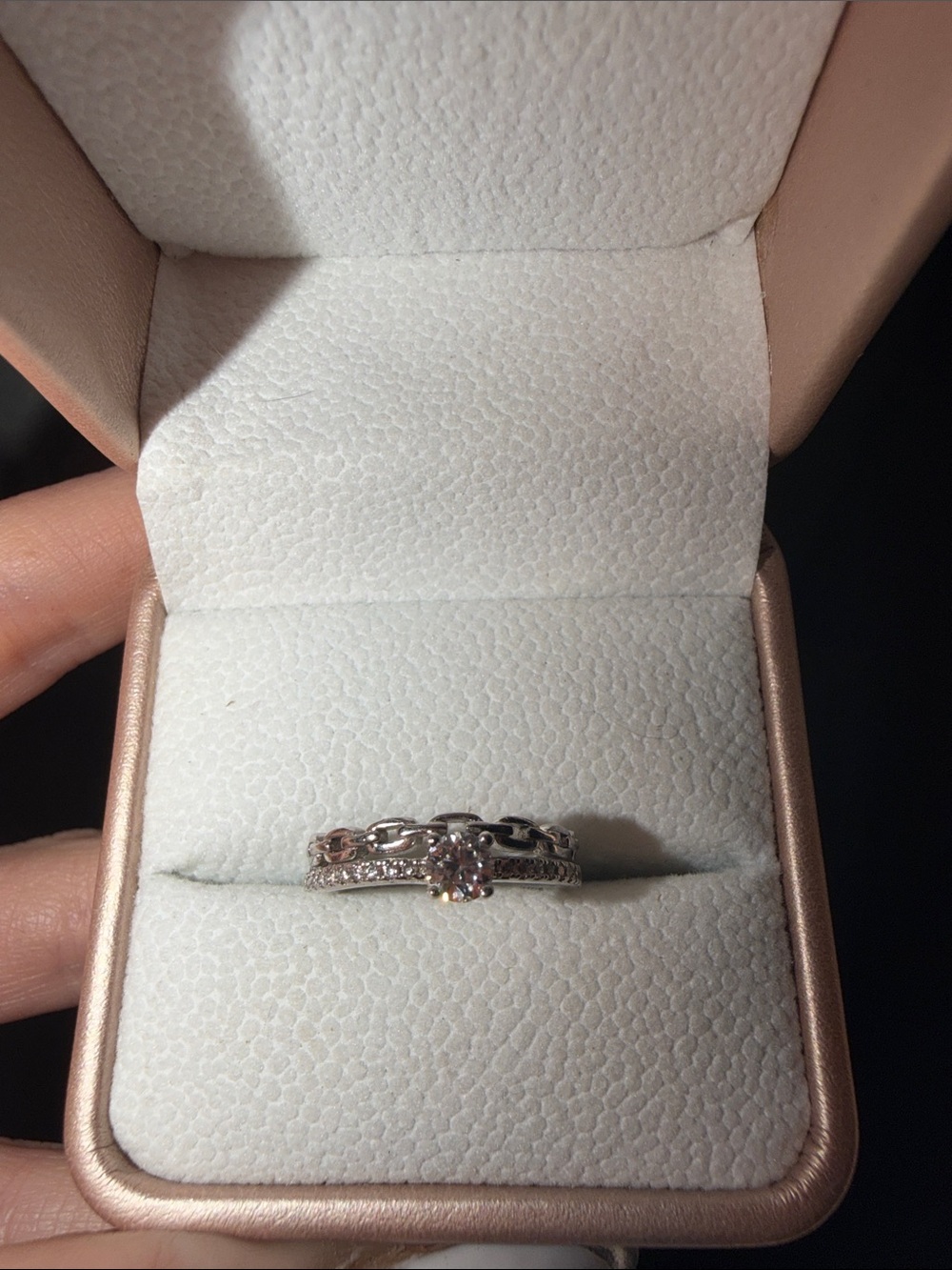 Delicate Silver Solitaire Ring with Chain and Pavé Accents - Silver White - Picture 4 of 5